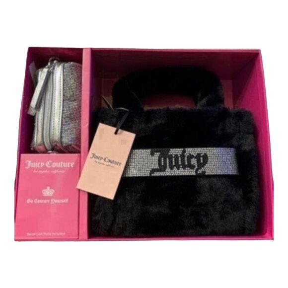 Juicy Couture Liquorice Black Mini Tote & Barrel Coin Purse Gift Set Fluffy NWT - Picture 2 of 5